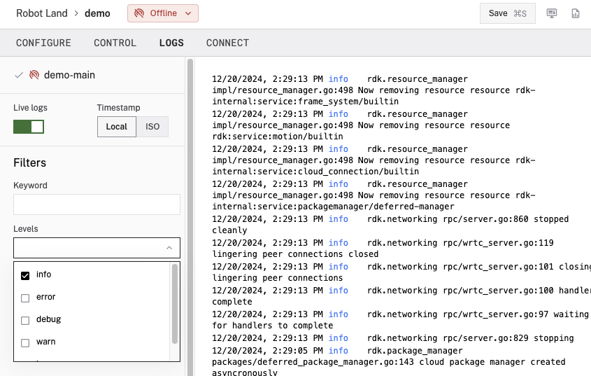 Filtering by log level of info in the logs tab.