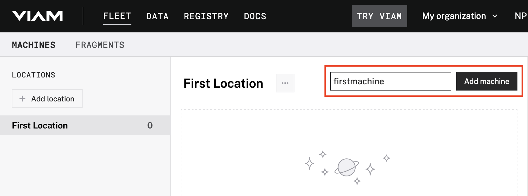 The ‘First Location’ page with a new machine name in the New machine field and the Add machine button next to the field highlighted.