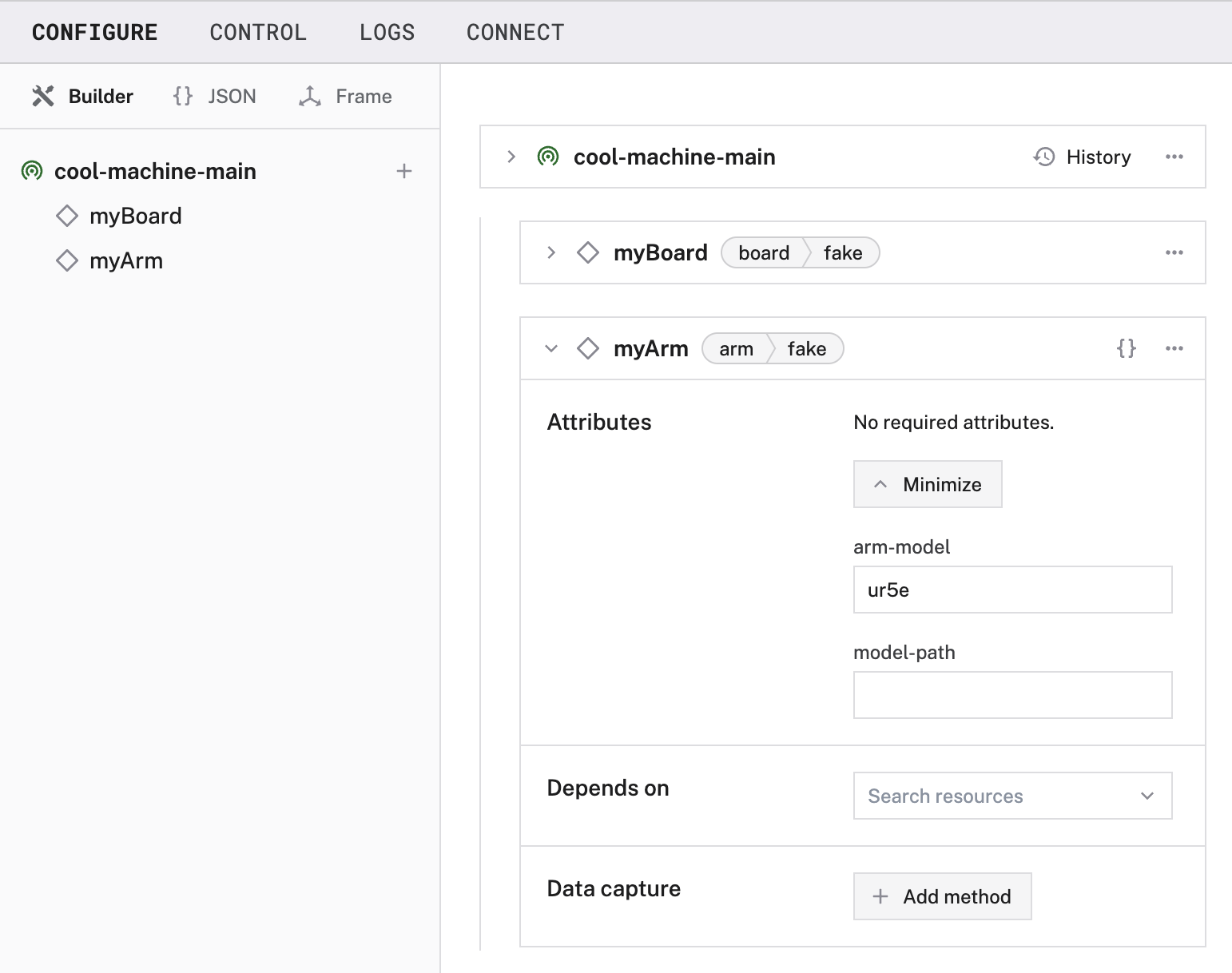 A fake arm being configured in Builder mode on the CONFIGURE tab.