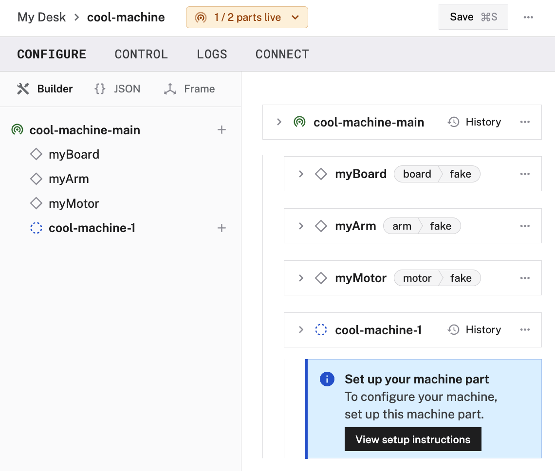 The CONFIGURE tab of the mock machine including the sub-part, showing the nested configuration in the left hand menu.