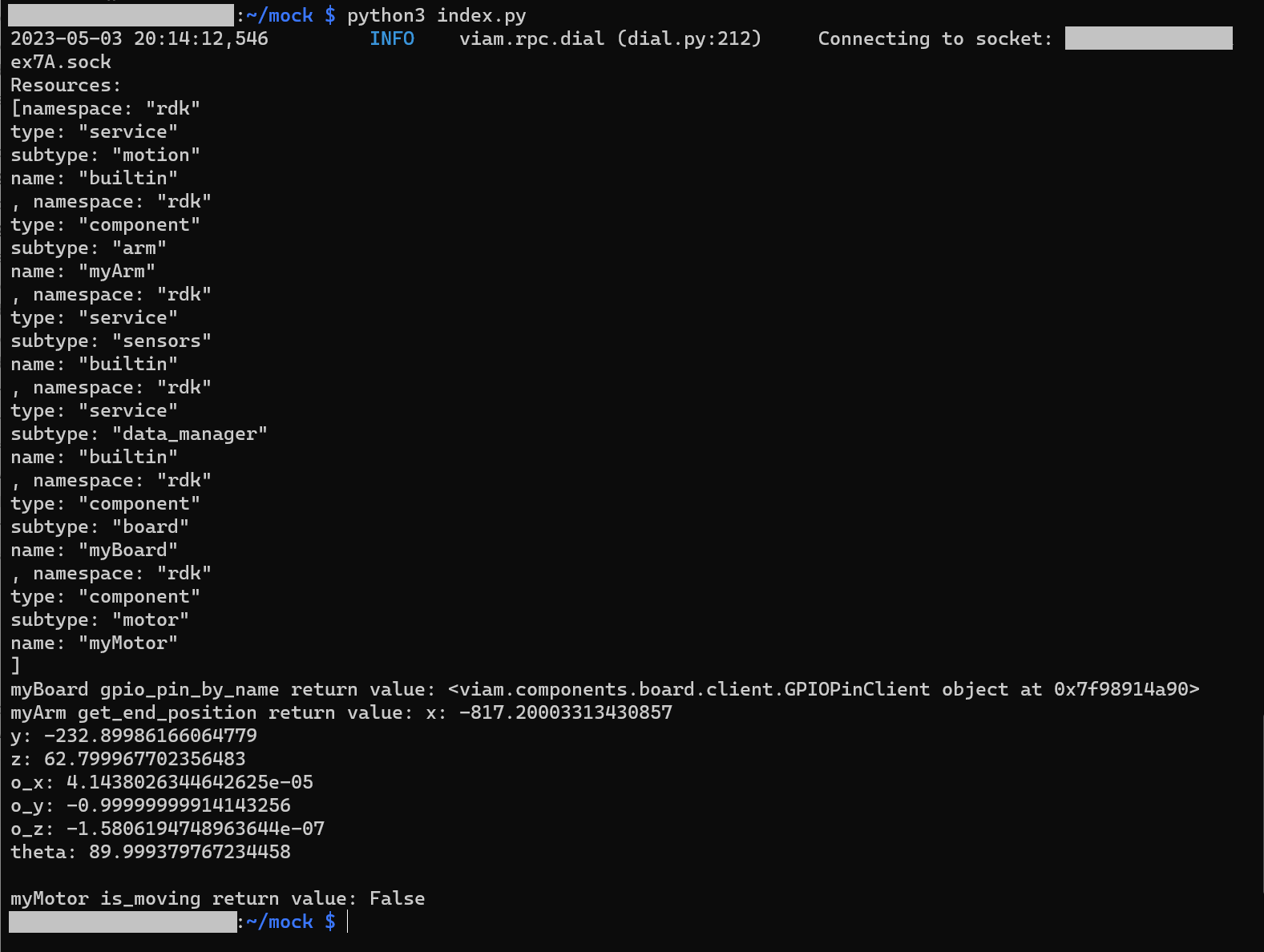 Command line output from running python3 index.py when your Raspberry Pi has correctly connected and initialized. The output is an array of resources that have been pulled from Viam. The list includes the motion service, arm component, data manager, board component and motor component. There is also a list of arm position and orientation values.